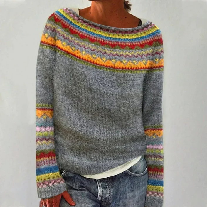 Women's Nordic boat-neck knit jumper in grey rainbow
