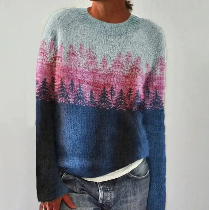 Women's pink and blue forest-pattern knit jumper