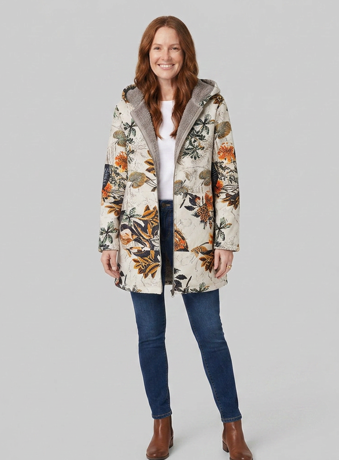 Women's Floral Fleece-Lined Parka, Hooded Zip-Up