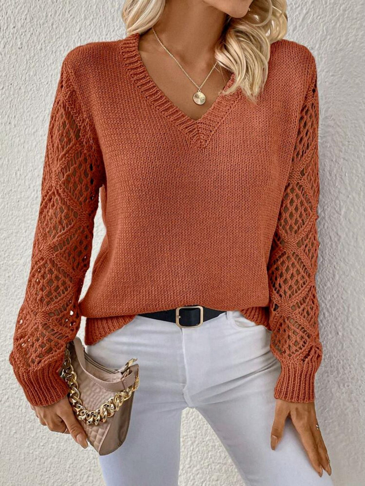 Quinara | V-Neck Crochet Sleeve Sweater