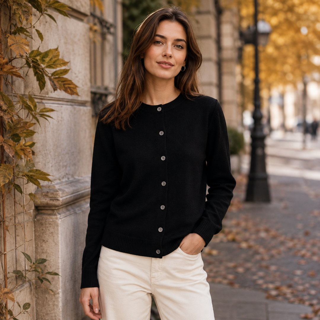 Women's Cropped Button-Front Cardigan, Round Neck - Thea