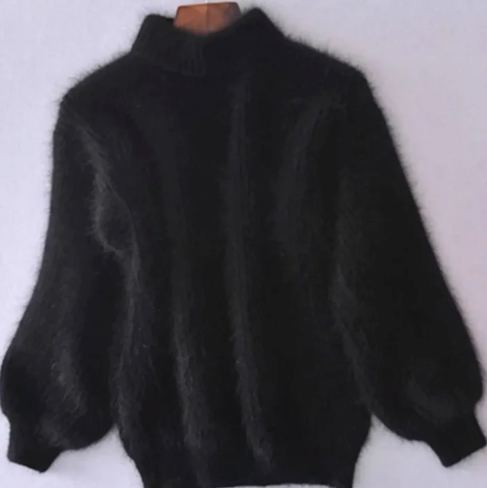 Women's fluffy turtleneck loose knit sweater in black