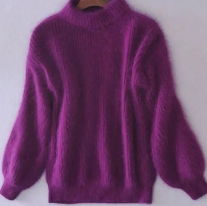 Women's fluffy turtleneck loose knit sweater in purple