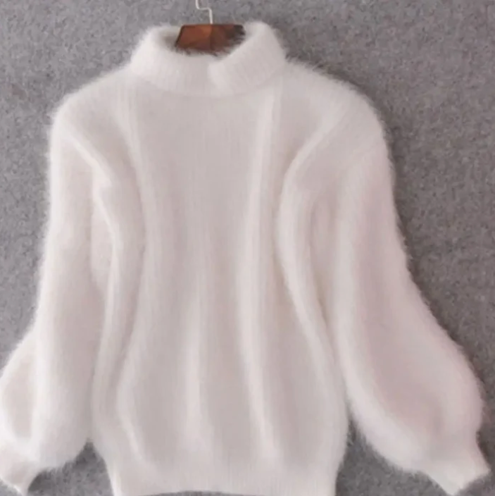 Women's fluffy turtleneck loose knit sweater in white
