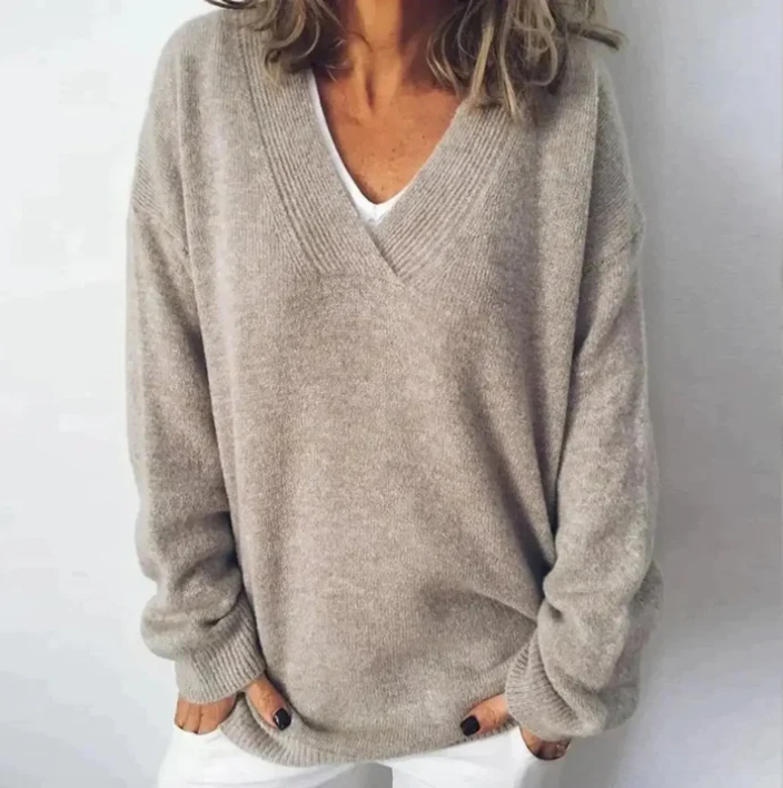 Women's oversized V-neck knit sweater in taupe
