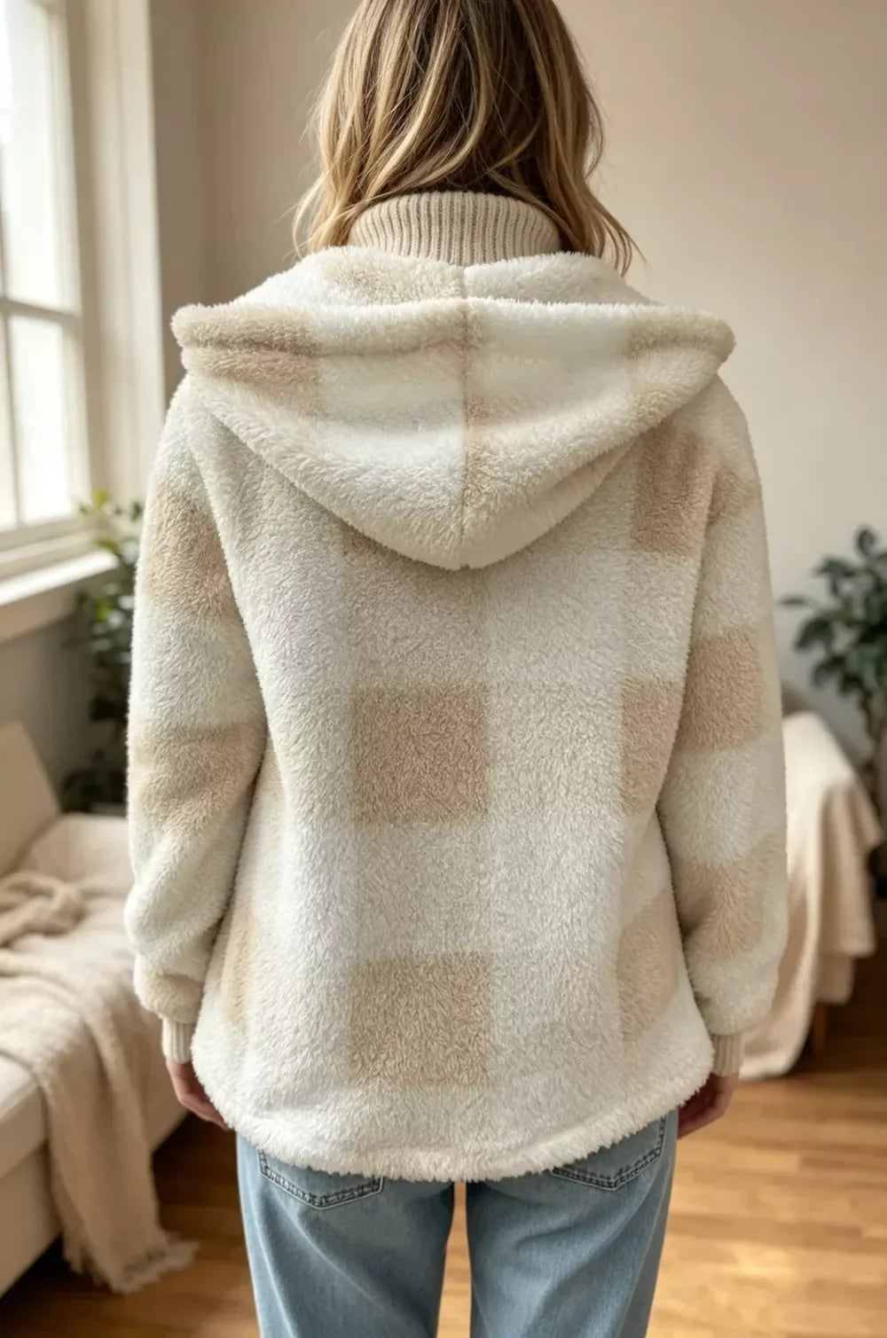 Women's Hooded Sherpa Teddy Coat, Zip-Up with Pockets