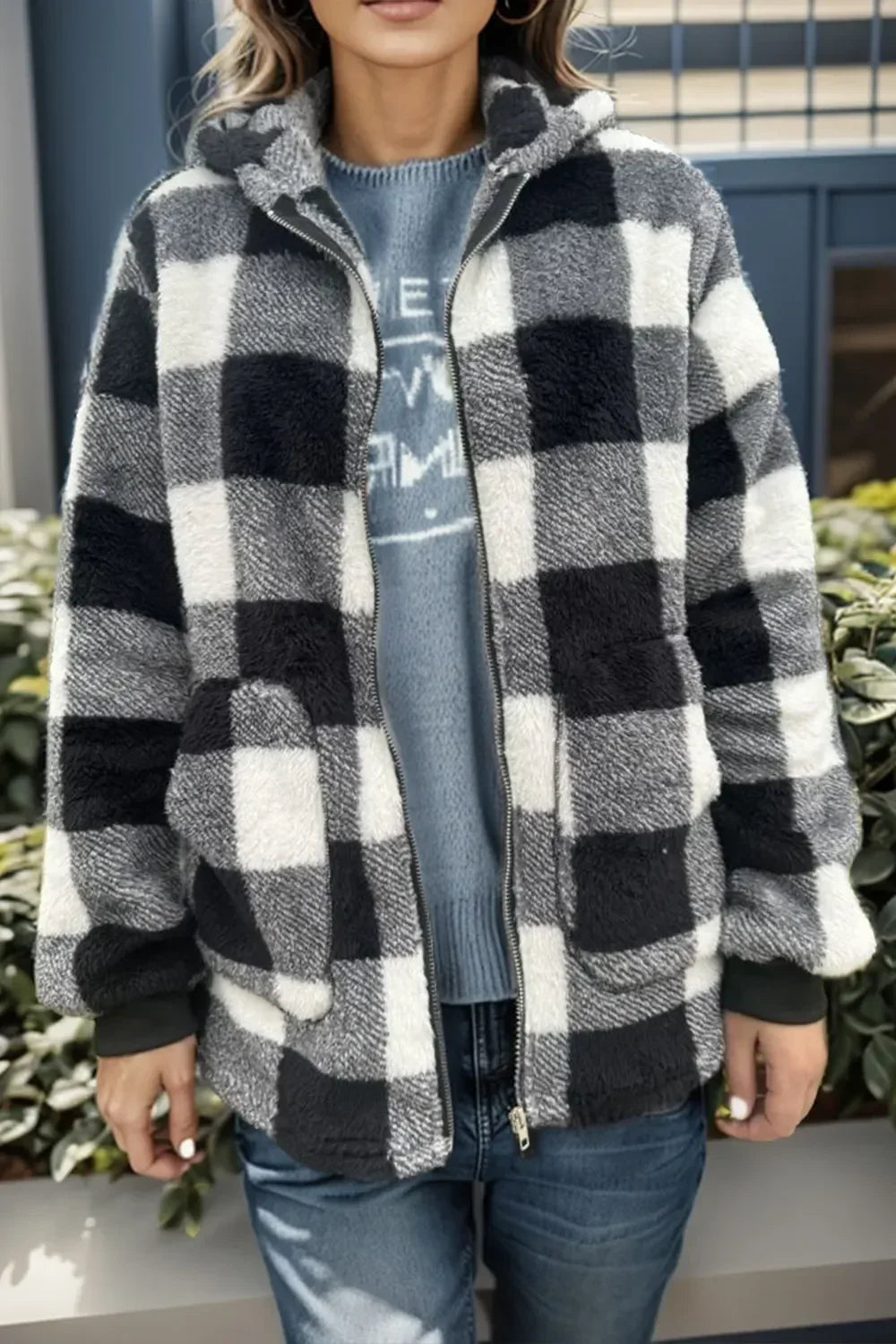 Women's Hooded Sherpa Teddy Coat, Zip-Up with Pockets