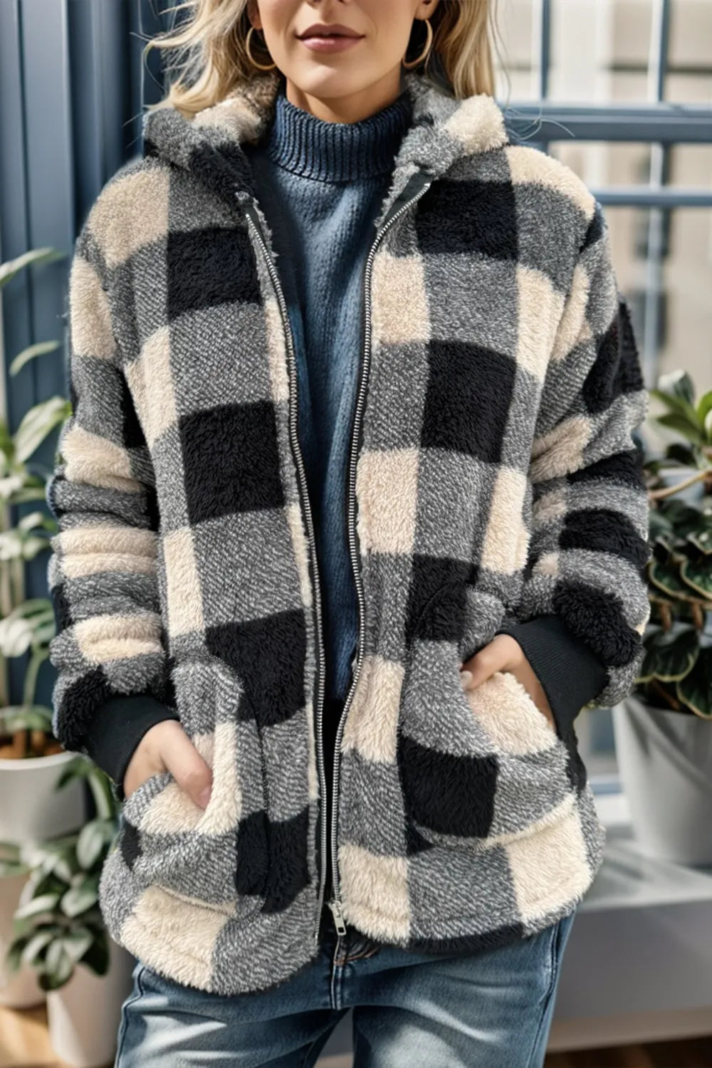 Women's Hooded Sherpa Teddy Coat, Zip-Up with Pockets