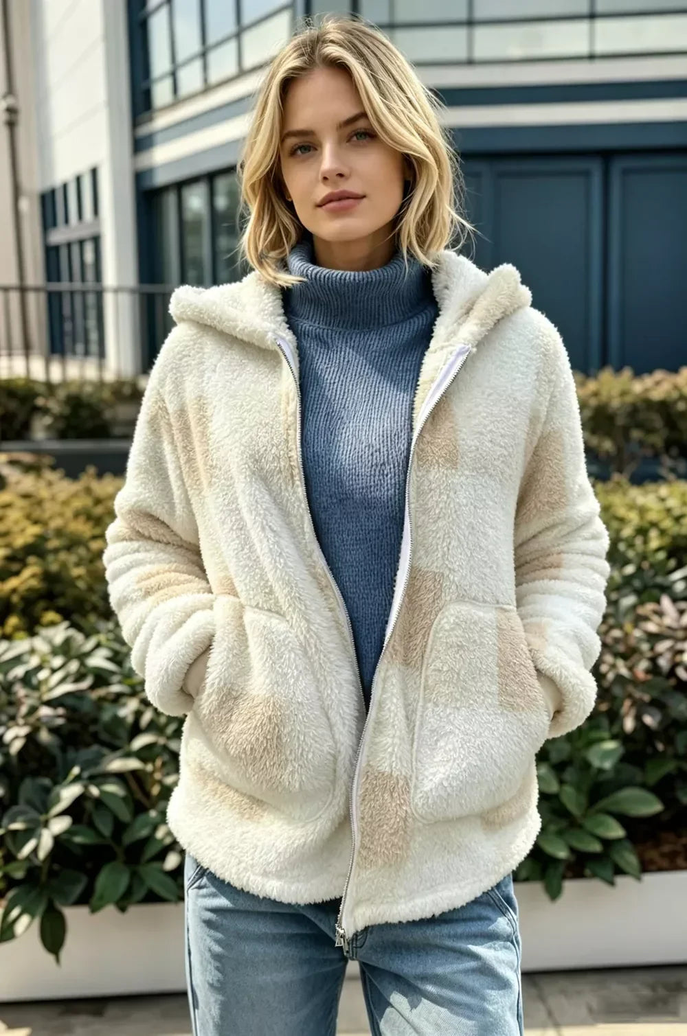 Women's Hooded Sherpa Teddy Coat, Zip-Up with Pockets