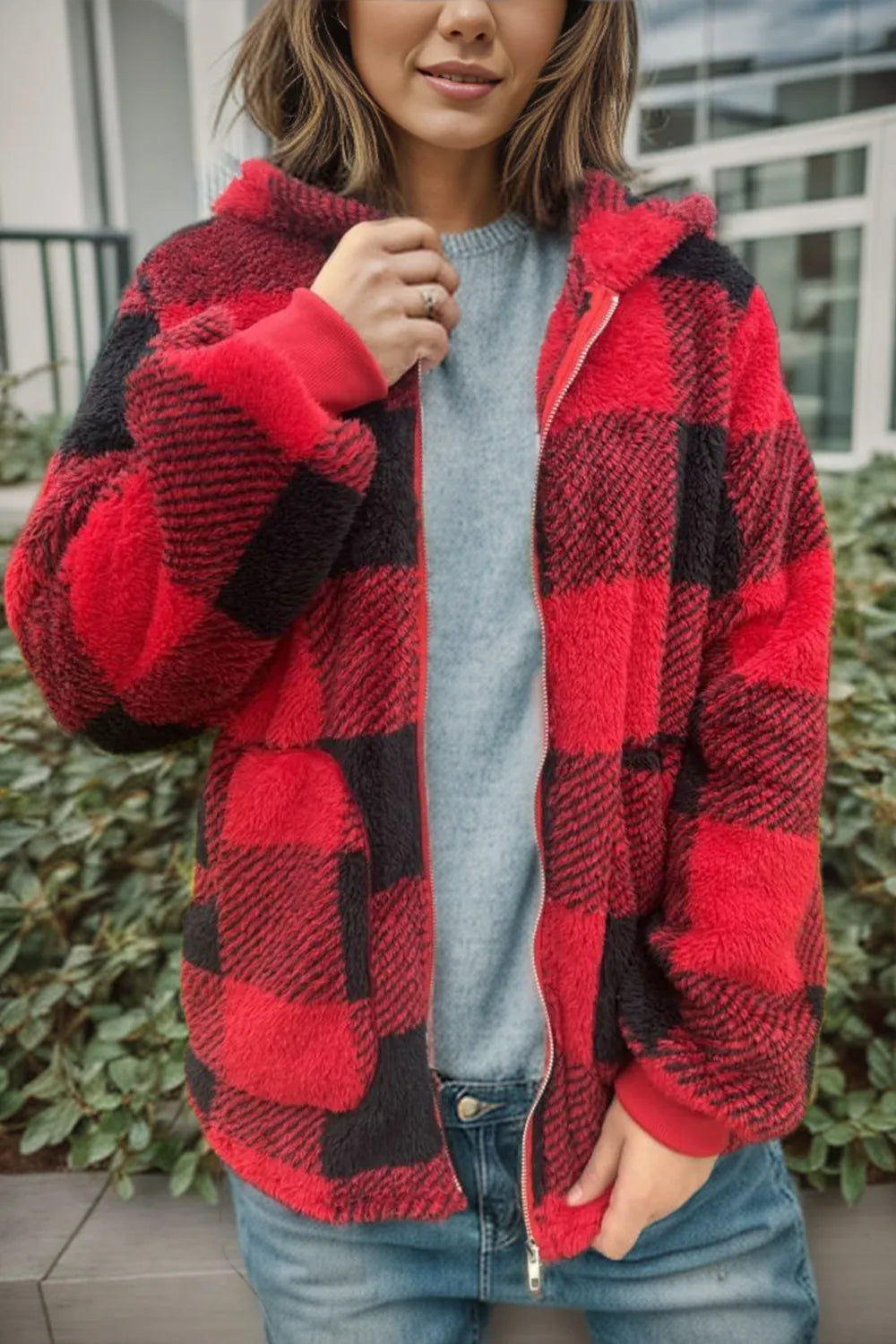 Women's Hooded Sherpa Teddy Coat, Zip-Up with Pockets