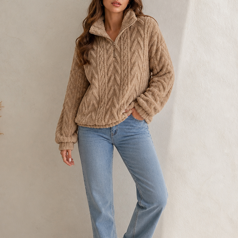 Women's Cable Knit Sweater, Quarter Zip with Stand Collar
