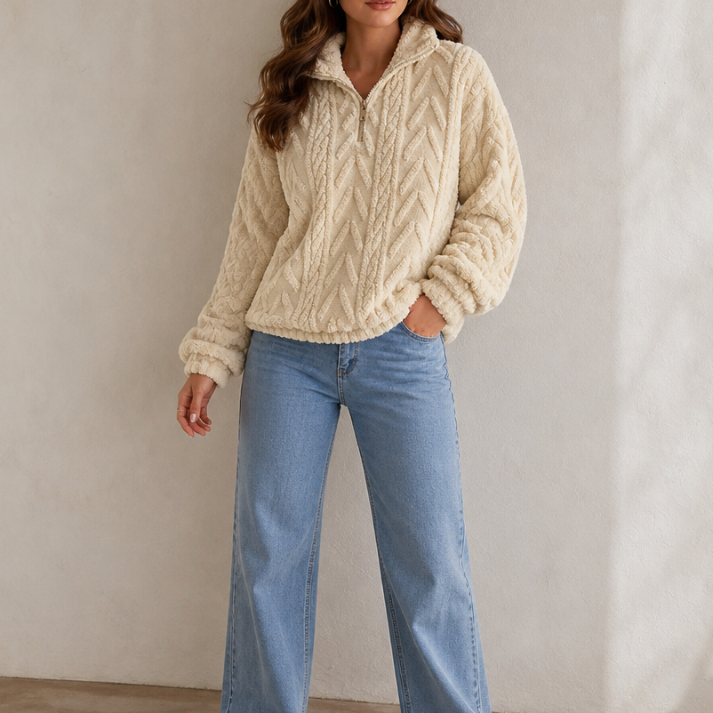 Women's Cable Knit Sweater, Quarter Zip with Stand Collar