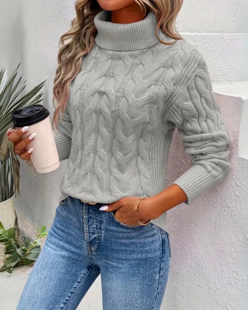 Women's cable knit turtleneck sweater in gray