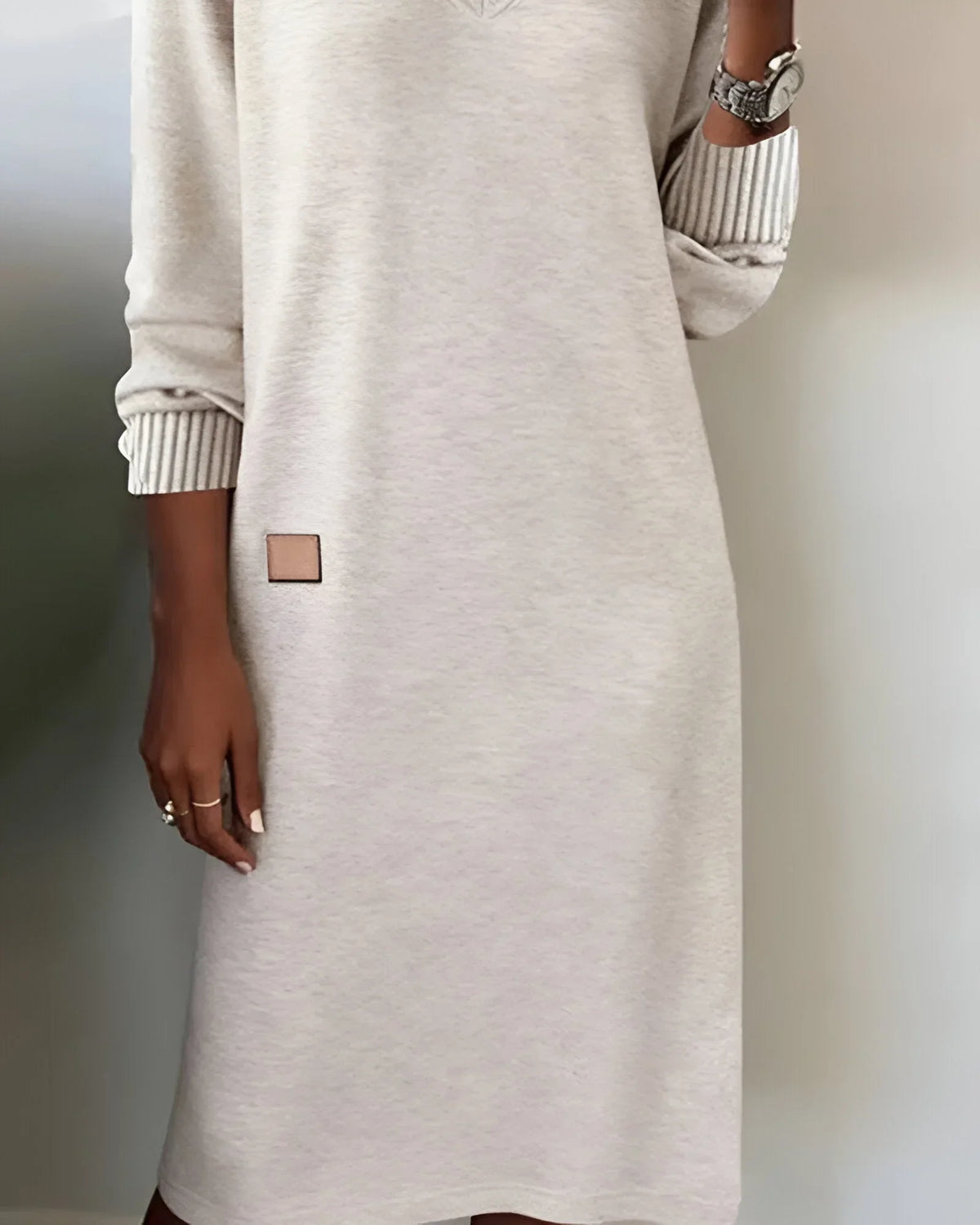 Women's V-Neck Knit Midi Dress, Long Sleeves and Patch Detail