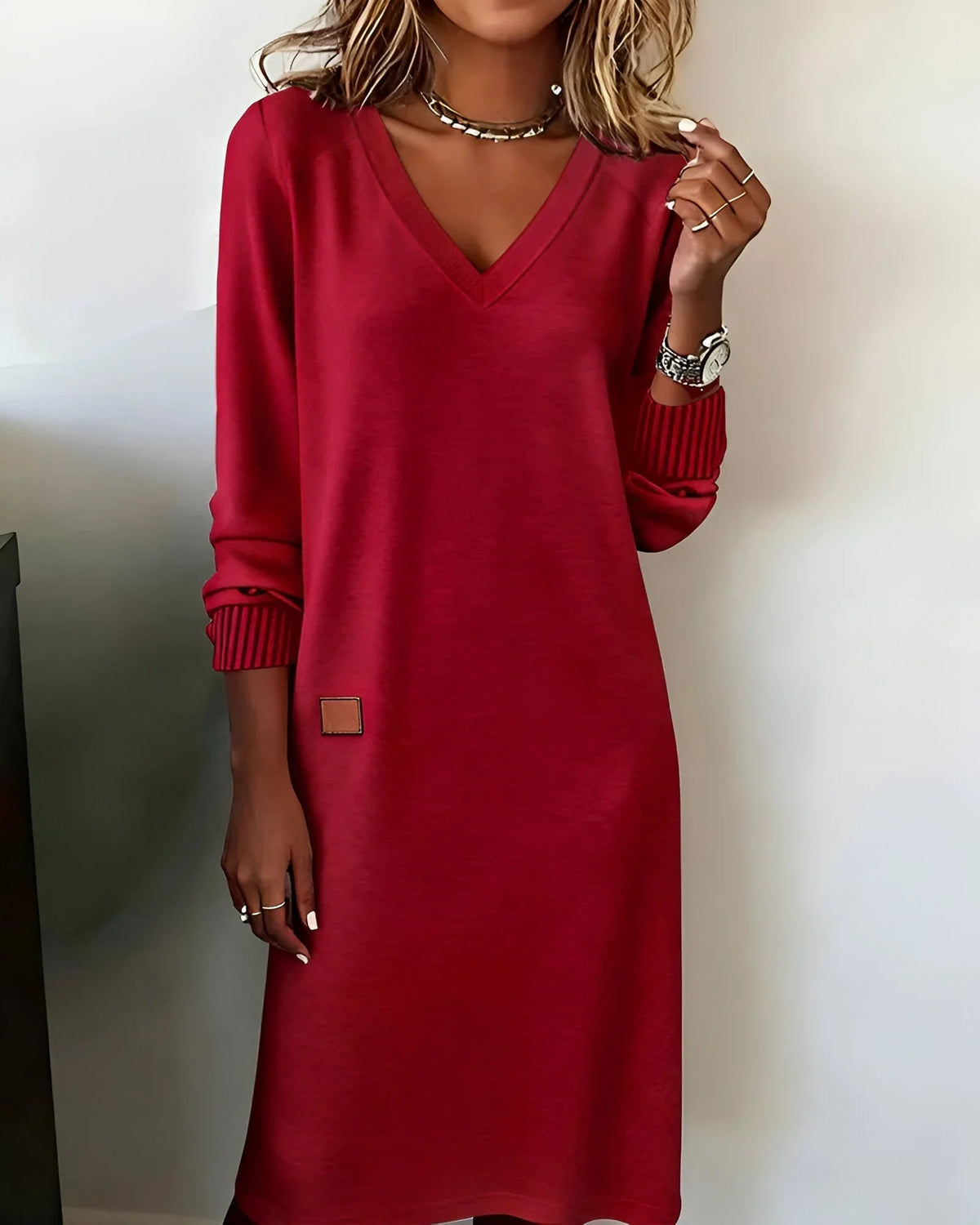 Women's V-Neck Knit Midi Dress, Long Sleeves and Patch Detail
