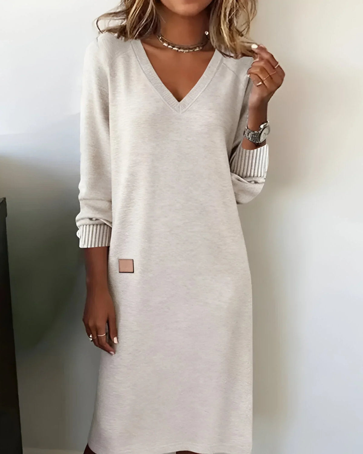 Women's V-Neck Knit Midi Dress, Long Sleeves and Patch Detail