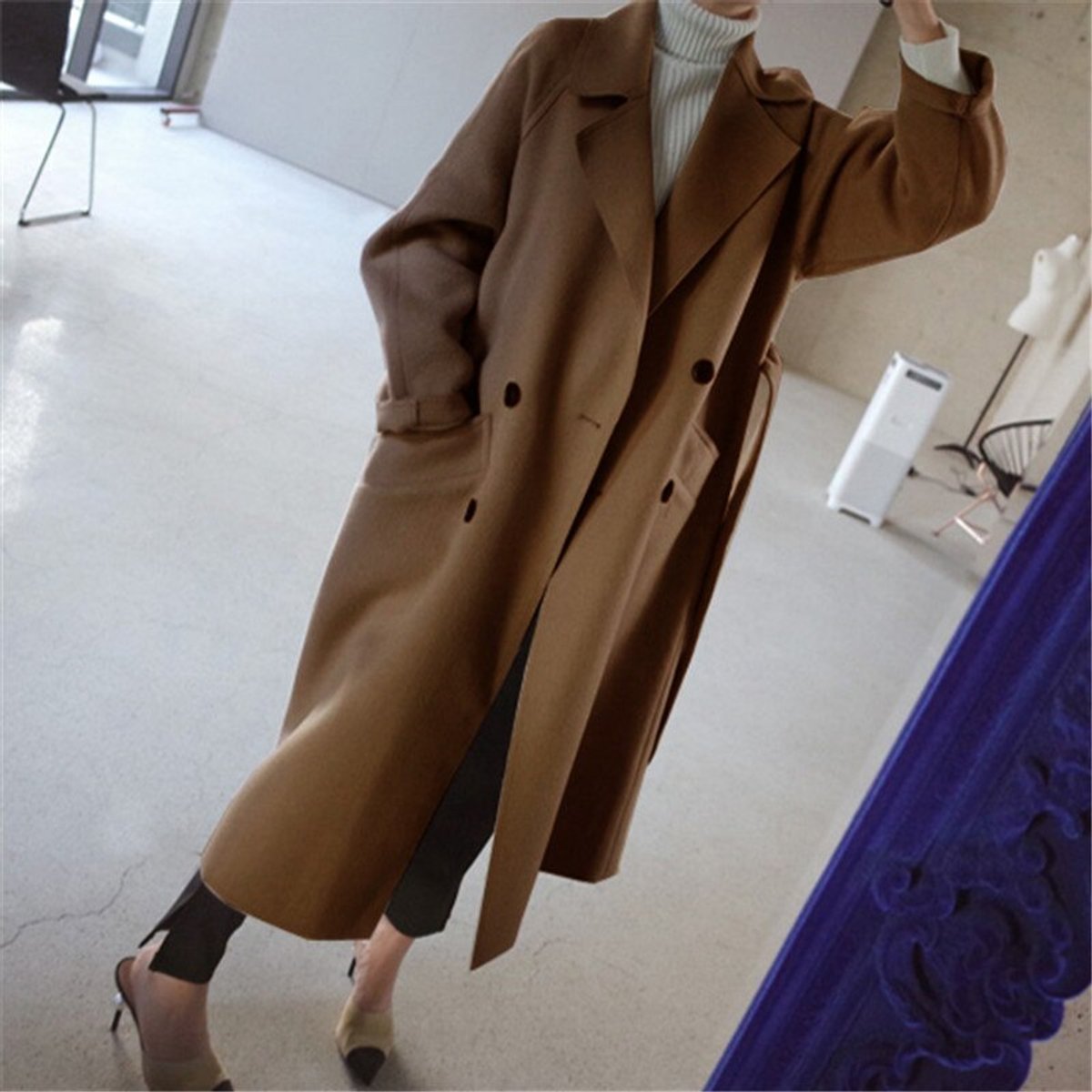 Women's Longline Double-Breasted Wool Trench Coat
