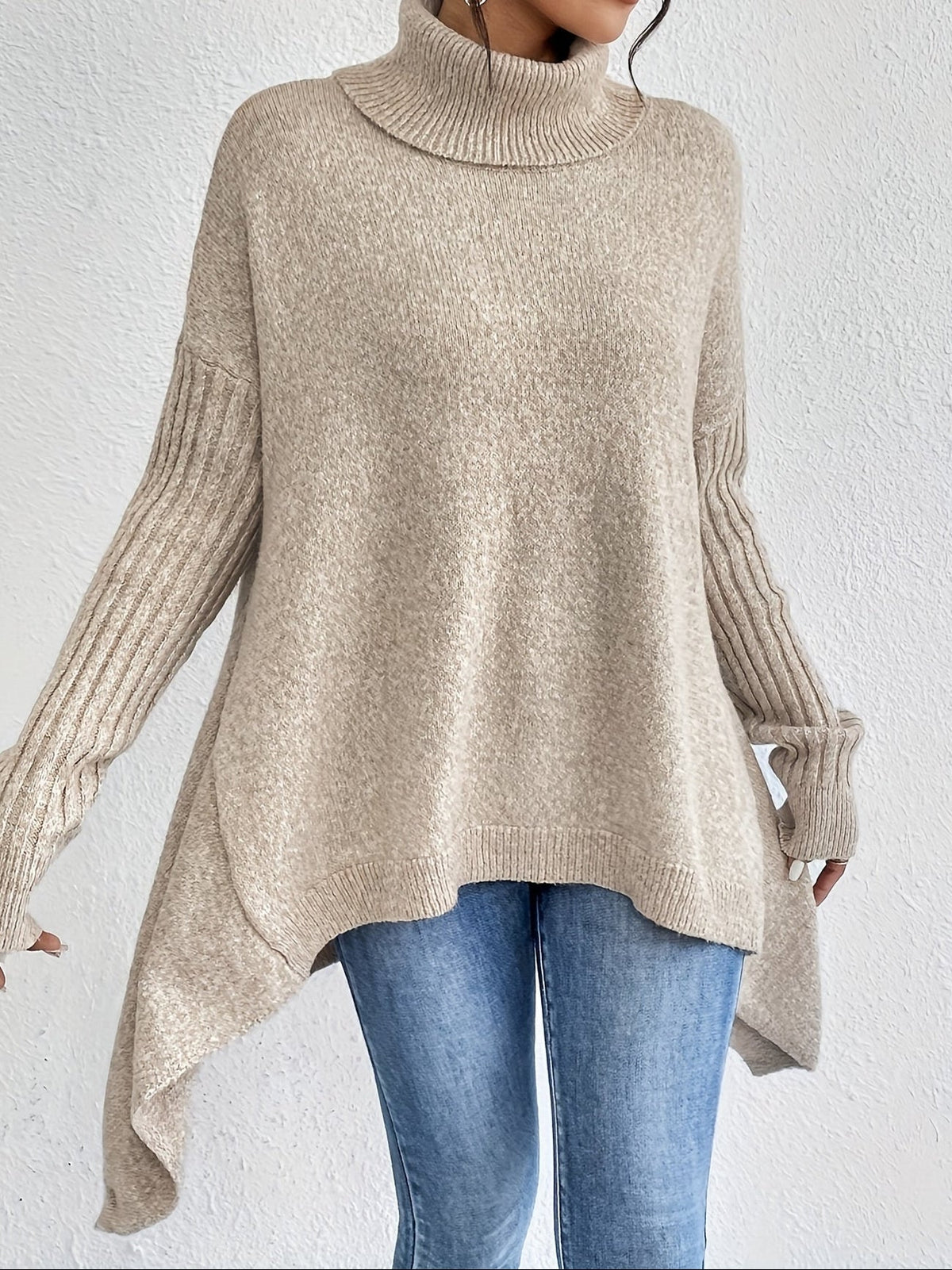 Women's High Neck Sweater, Relaxed Fit and Asymmetric Hem - Audrey