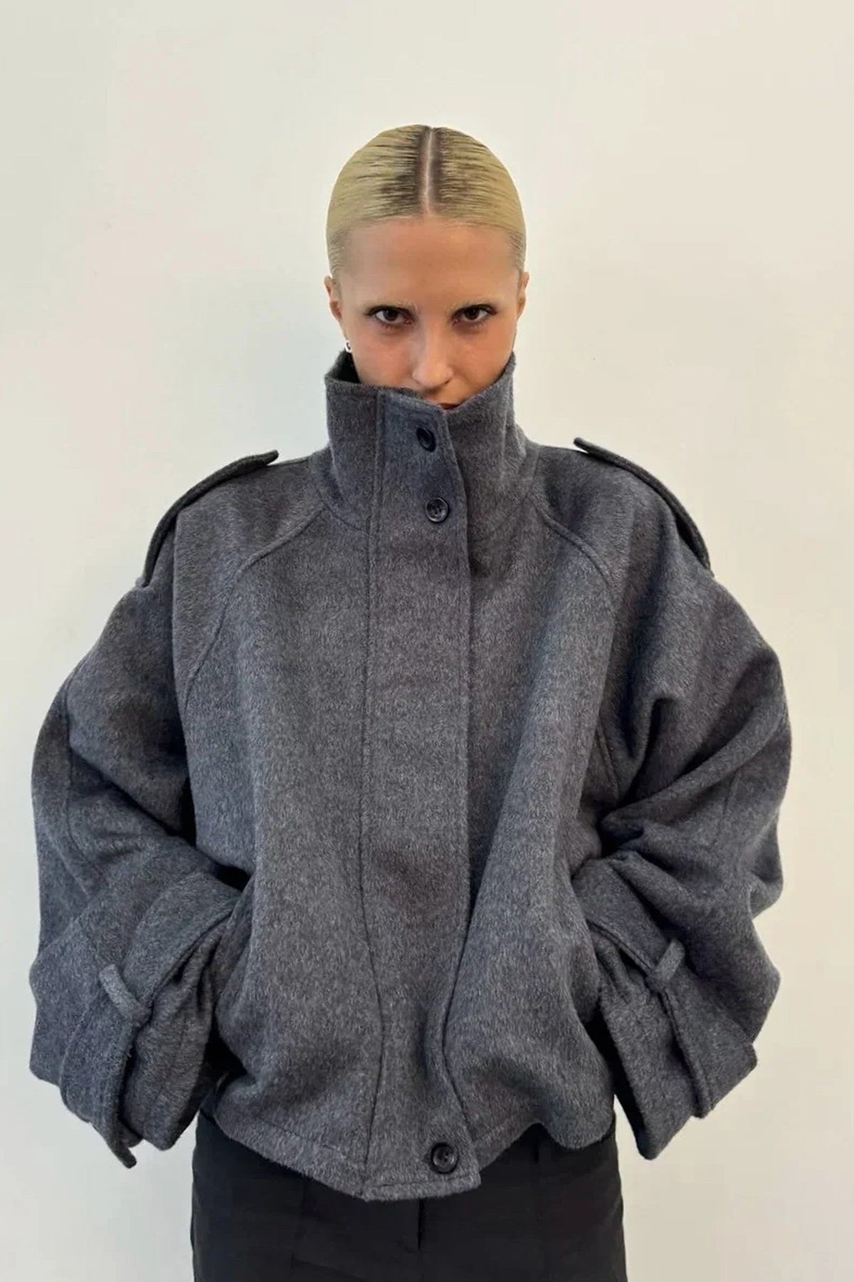 Women's Oversized Batwing Jacket, High Collar and Button Front