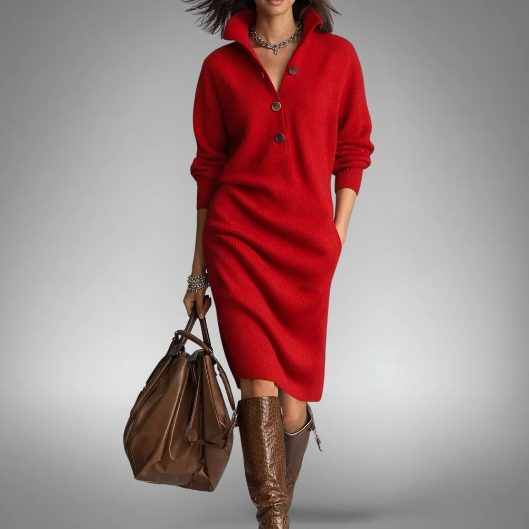 Women's Oversized Knit Midi Dress, Button Neck and Pockets
