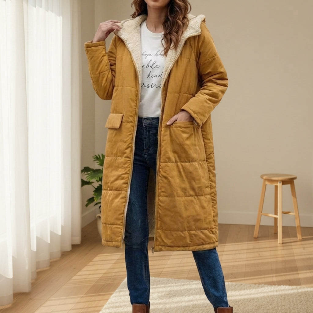 Women's Long Puffer Coat – Quilted Sherpa Hood
