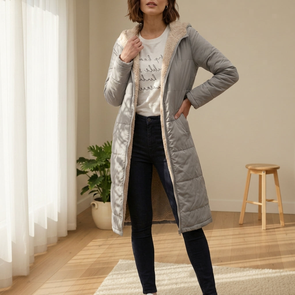Women's Long Puffer Coat – Quilted Sherpa Hood
