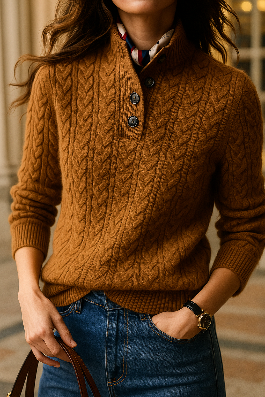 Wool Cashmere Blend Cable Knit Sweater, Button Collar - Arden