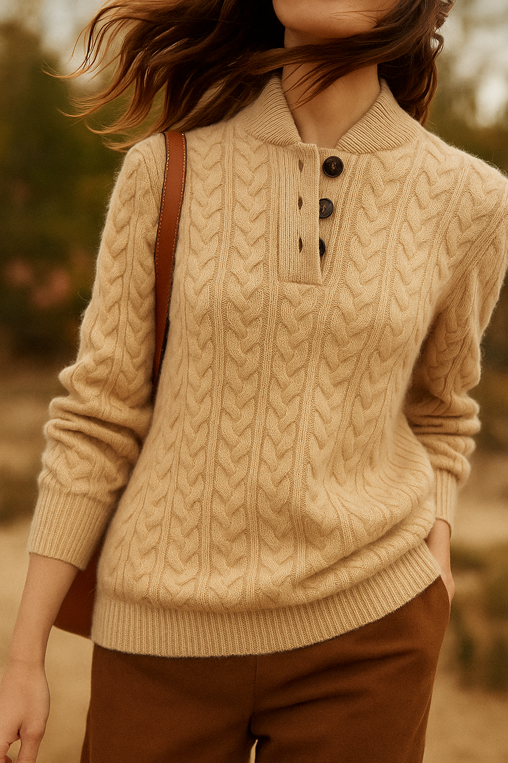 Wool Cashmere Blend Cable Knit Sweater, Button Collar - Arden
