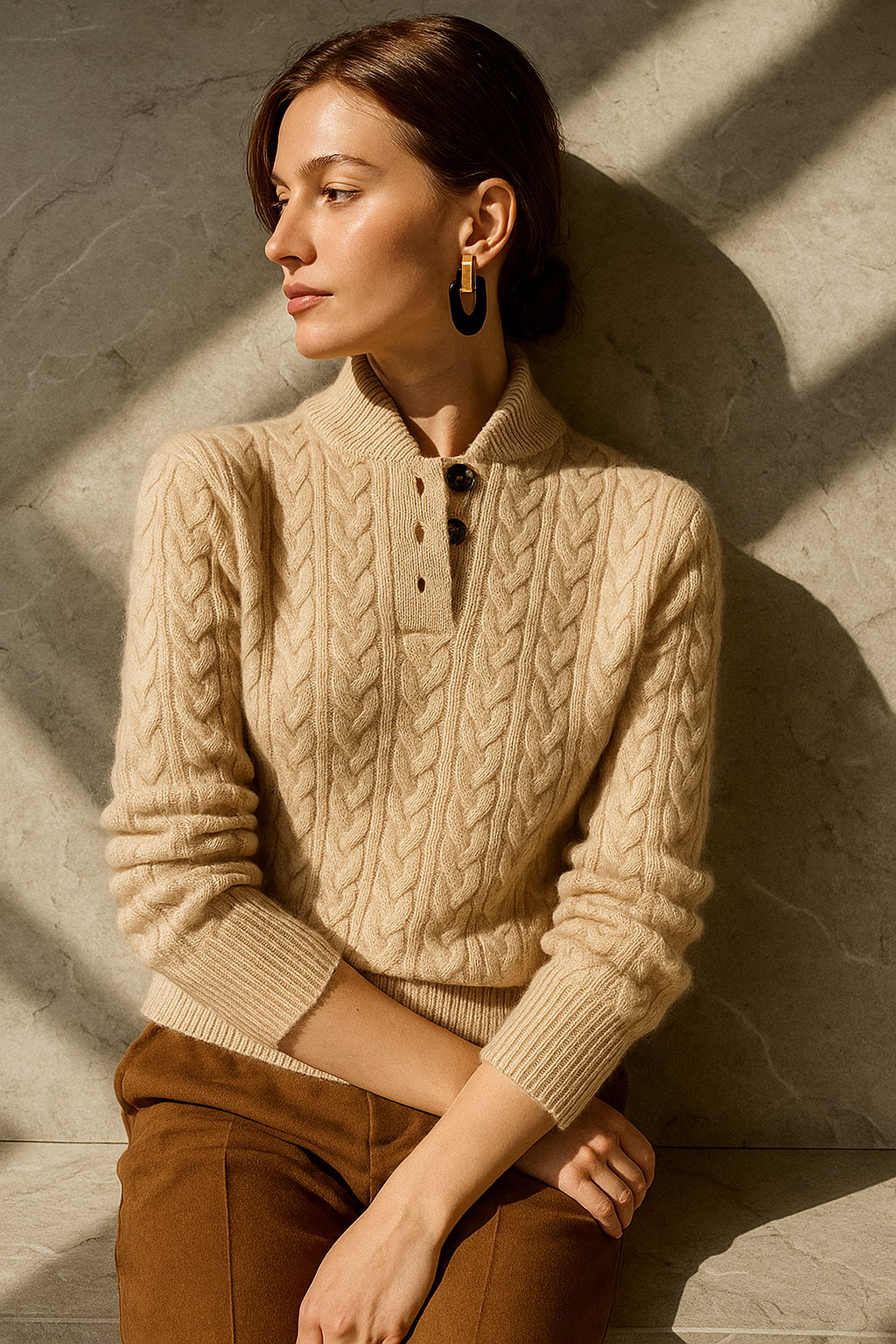 Wool Cashmere Blend Cable Knit Sweater, Button Collar - Arden