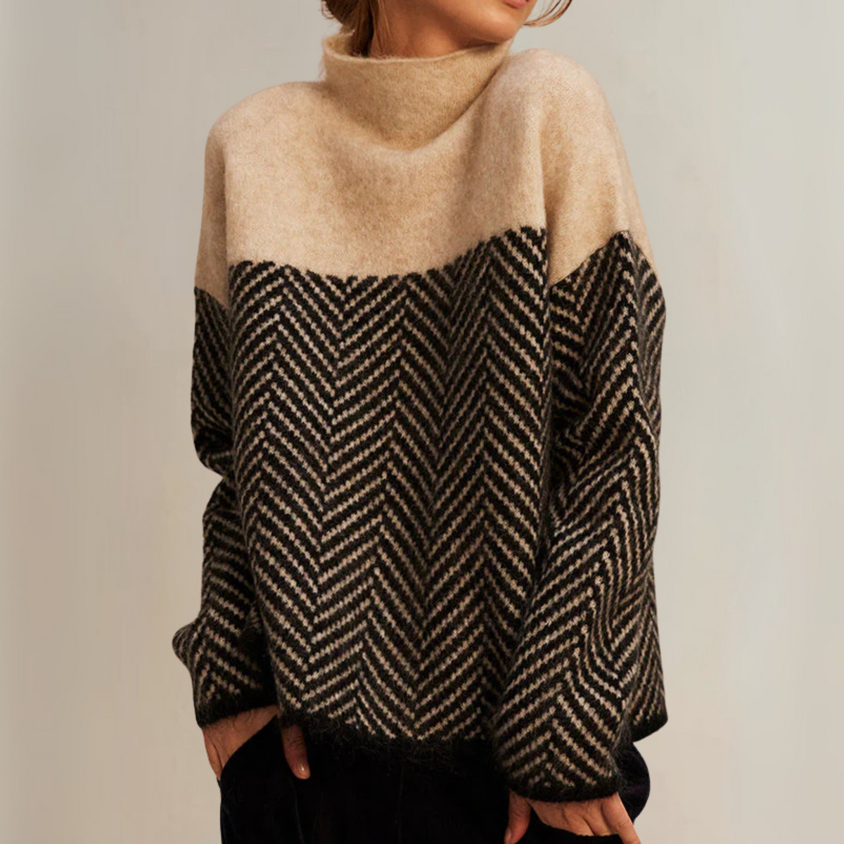 Women's Turtleneck Sweater, Cotton Herringbone Knit - Norah
