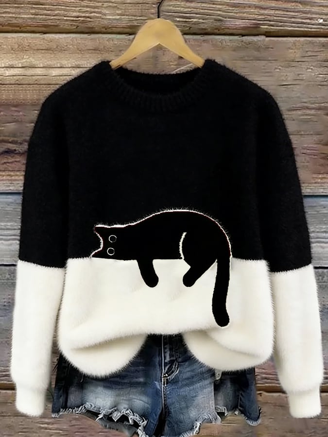 Women's Graphic Sweater, Cat Design and Color Block Knit - Caitlin