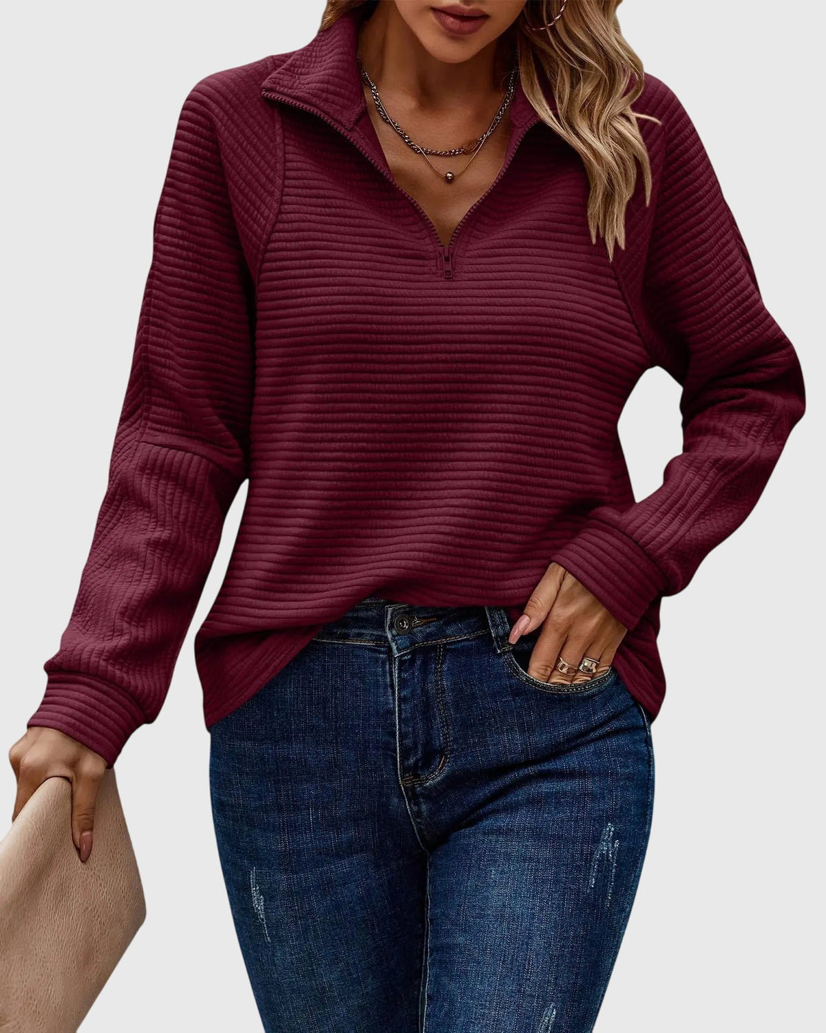 Women's Half-Zip Sweater, Textured Knit and Relaxed Fit - Molly