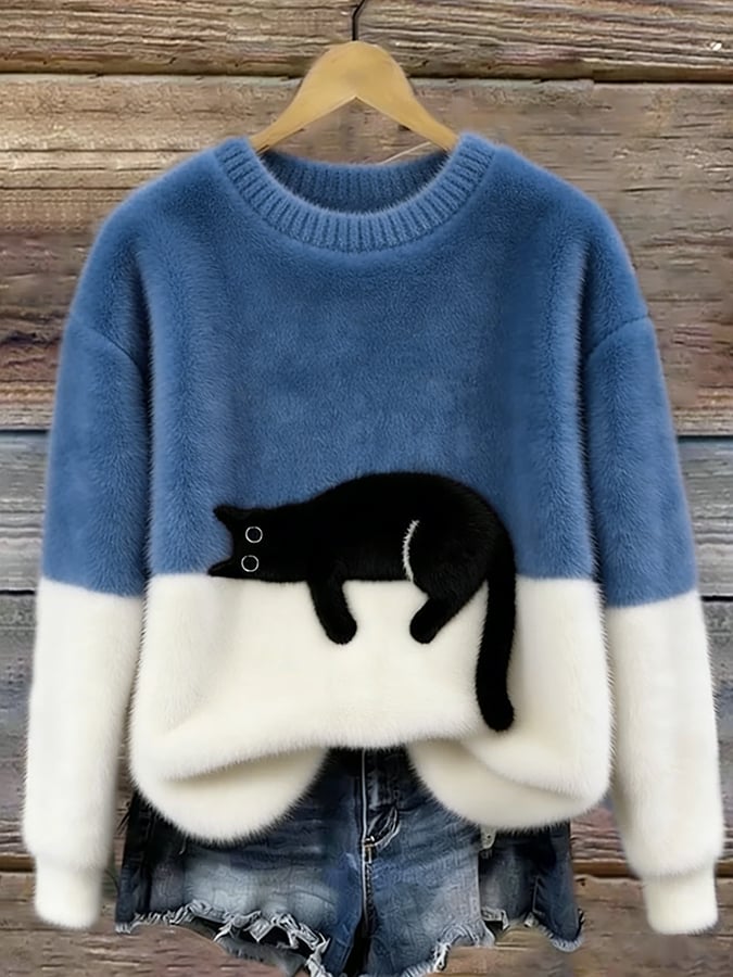 Women's Graphic Sweater, Cat Design and Color Block Knit - Caitlin