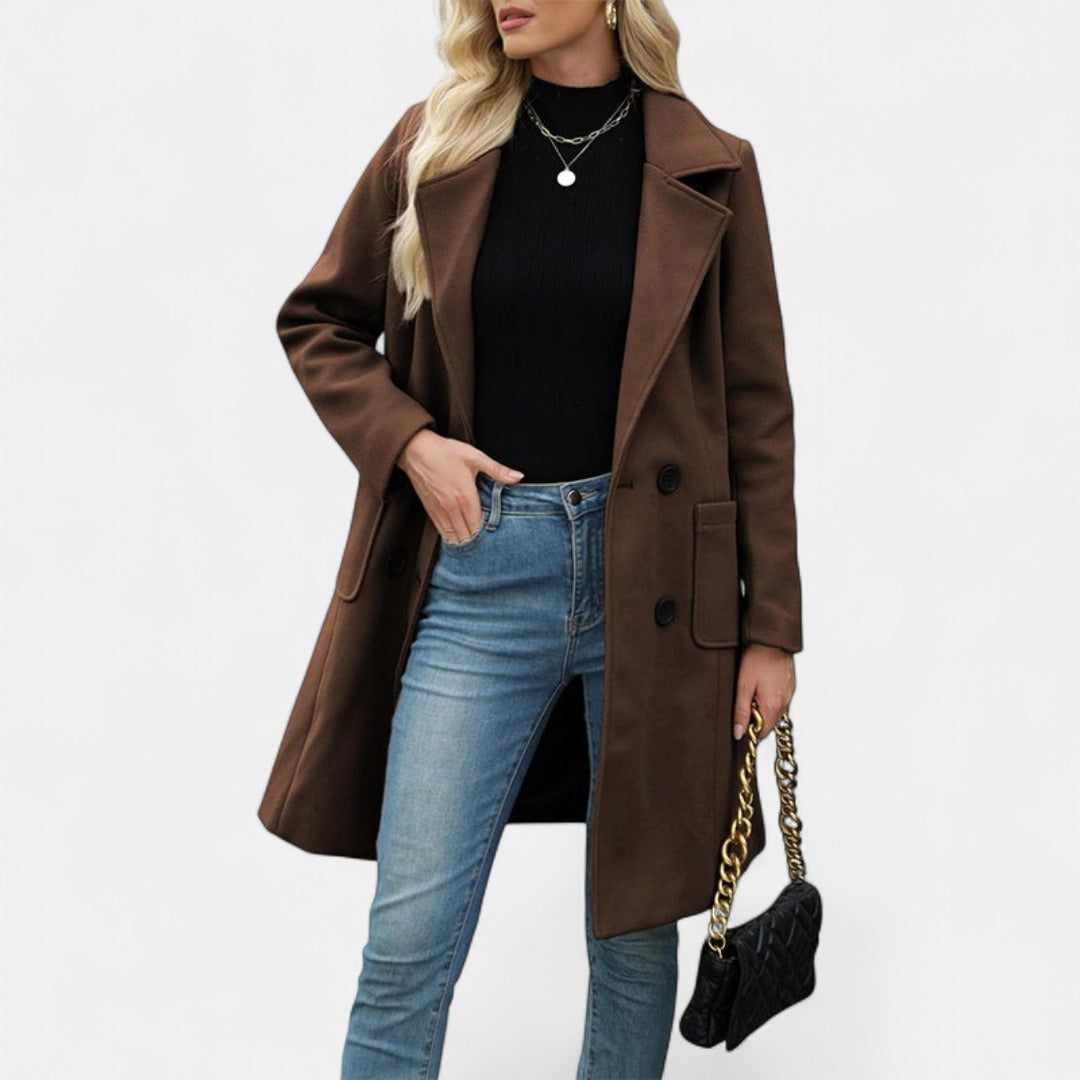 Women's Long Winter Coat – Double-Breasted Notch Lapel