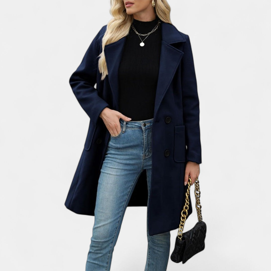 Women's Long Winter Coat – Double-Breasted Notch Lapel
