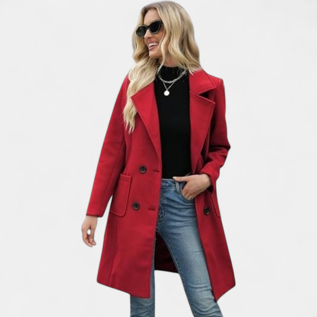 Women's Long Winter Coat – Double-Breasted Notch Lapel