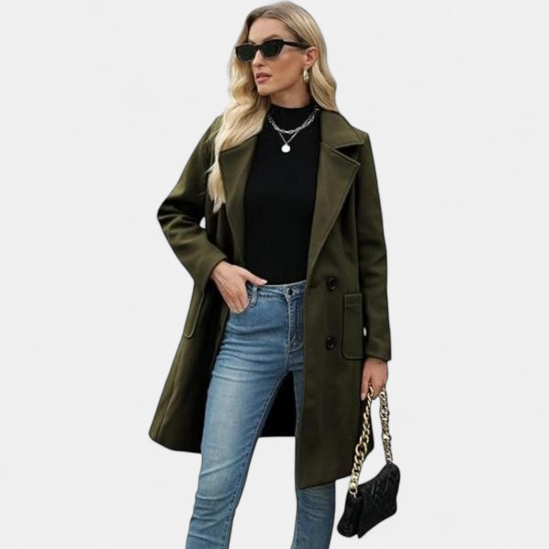 Women's Long Winter Coat – Double-Breasted Notch Lapel