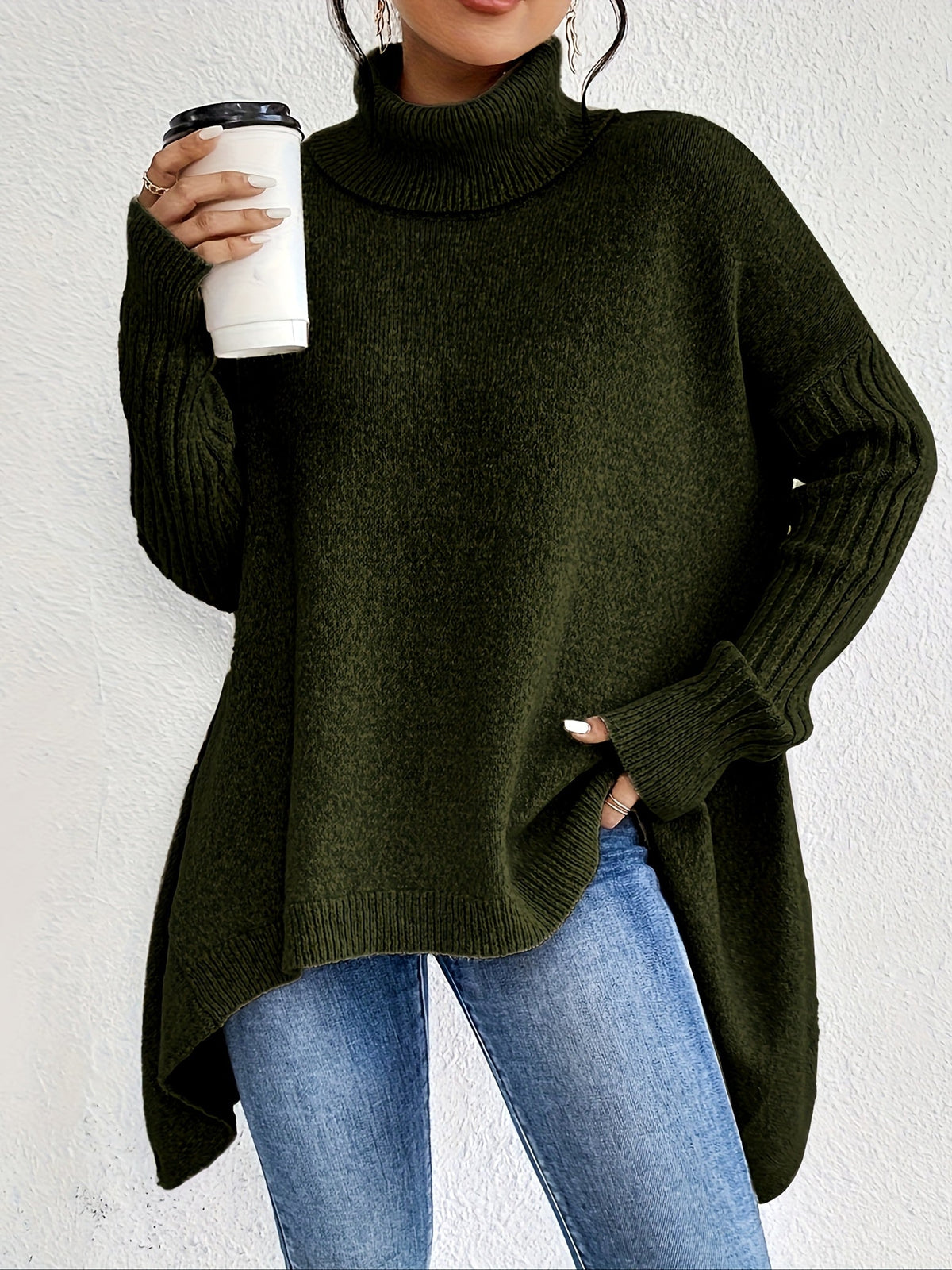Women's High Neck Sweater, Relaxed Fit and Asymmetric Hem - Audrey