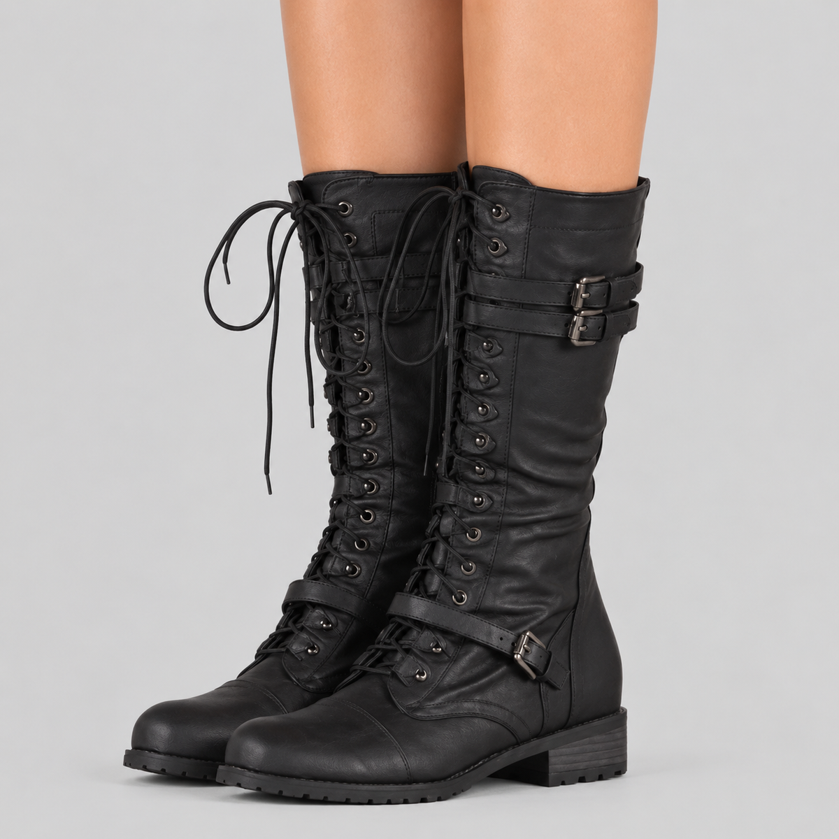Women's Lace-Up Knee-High Combat Boots with Buckle Straps