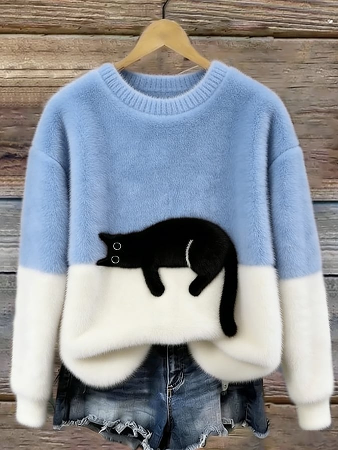 Women's Graphic Sweater, Cat Design and Color Block Knit - Caitlin