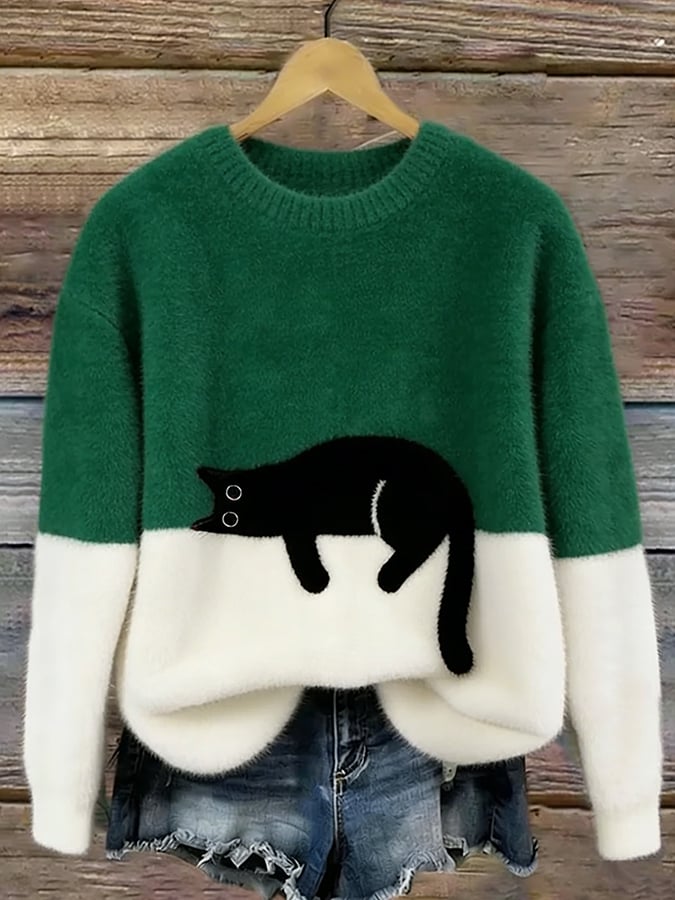Women's Graphic Sweater, Cat Design and Color Block Knit - Caitlin