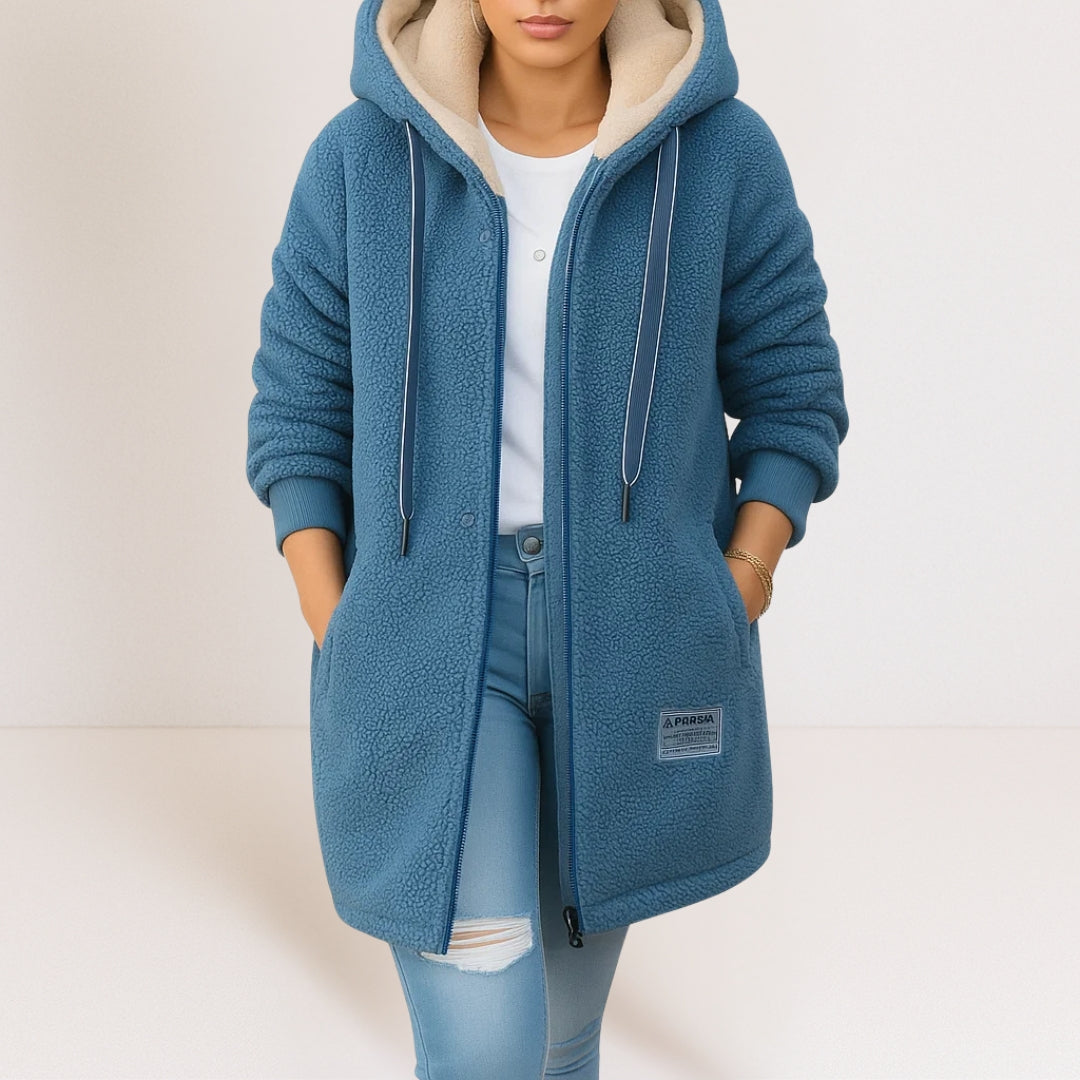Blue hooded zip-front fleece jacket with pockets