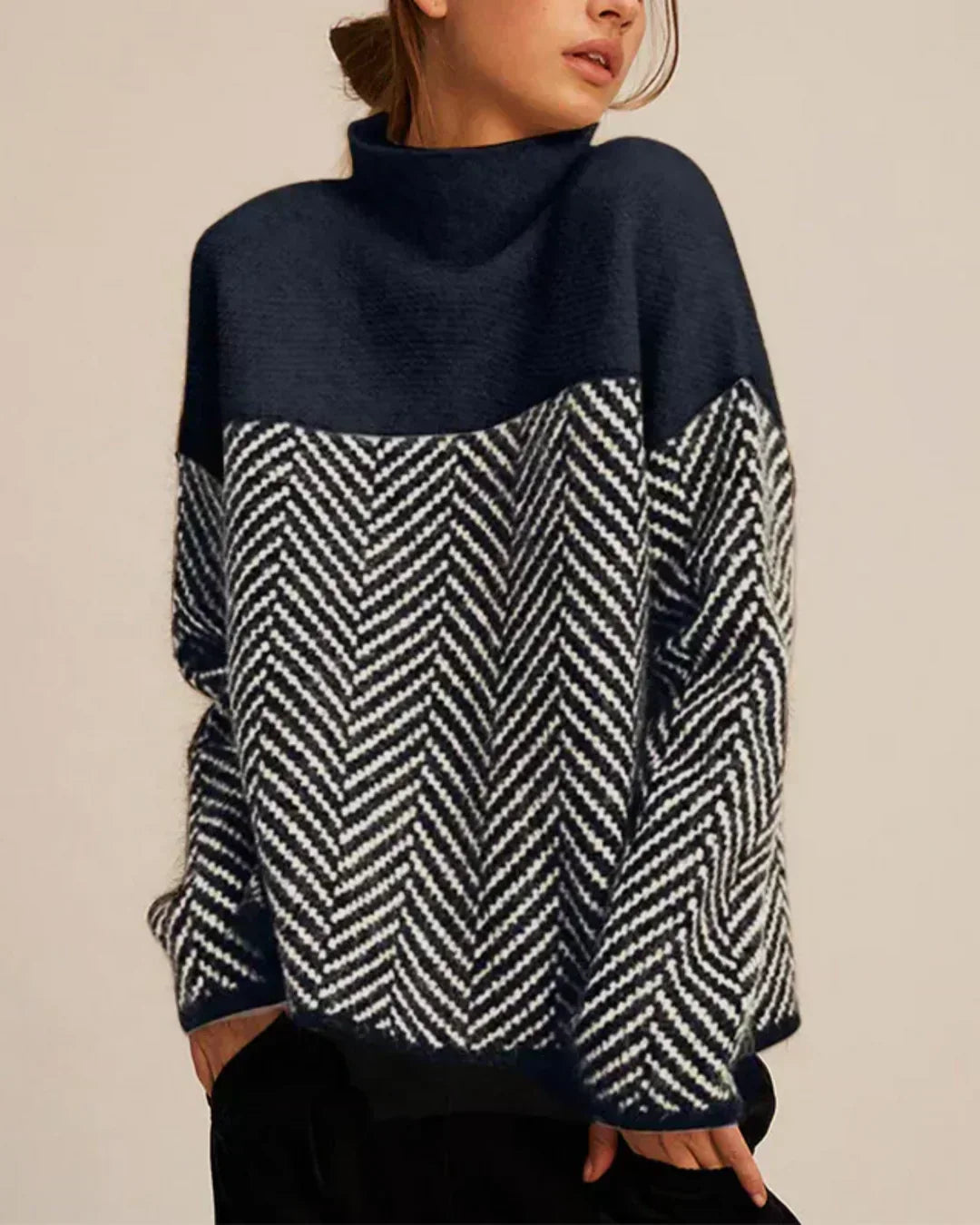 Women's Turtleneck Sweater, Cotton Herringbone Knit - Norah