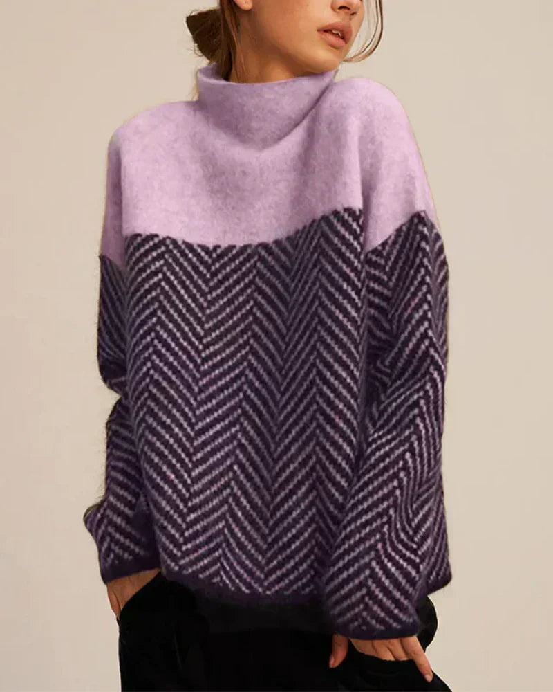 Women's Turtleneck Sweater, Cotton Herringbone Knit - Norah