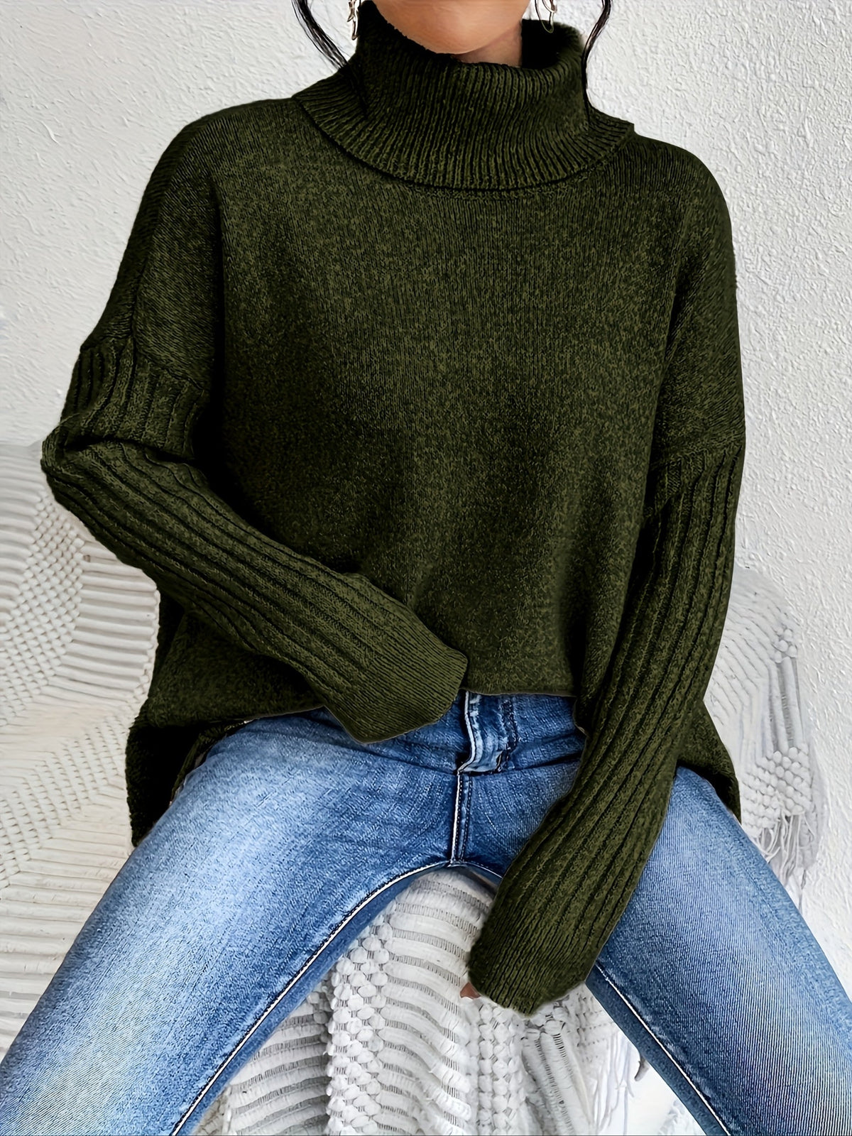 Women's High Neck Sweater, Relaxed Fit and Asymmetric Hem - Audrey