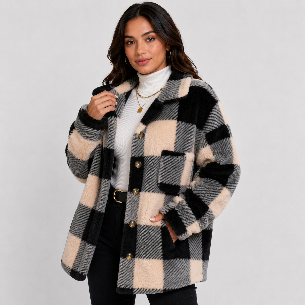 Women's Plaid Plush Jacket, Button Front - Montviro