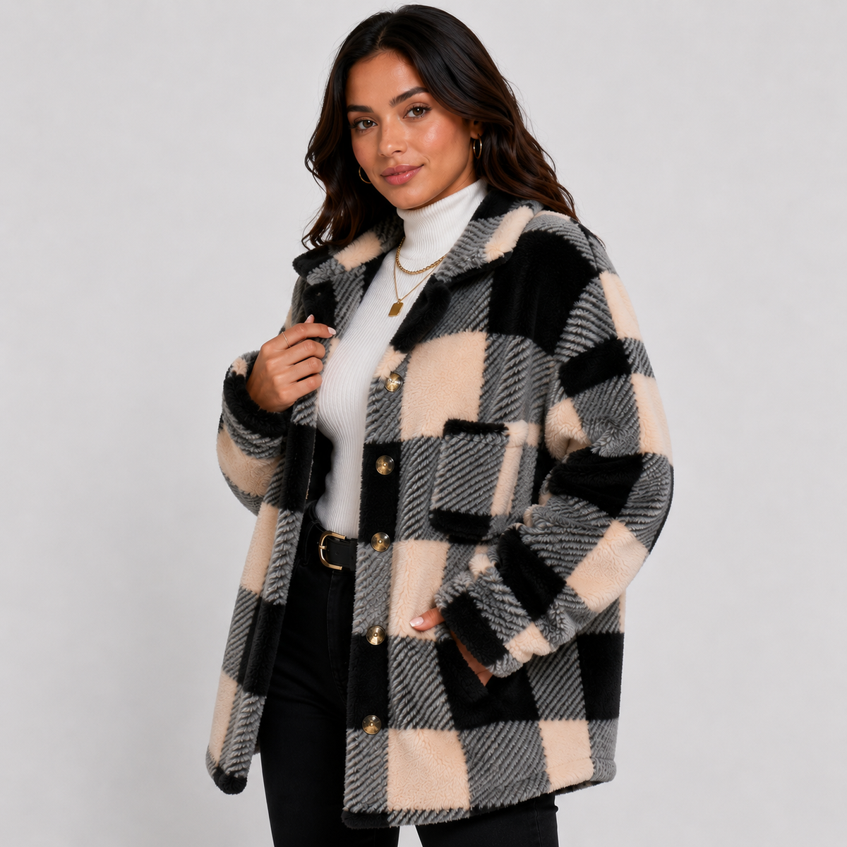 Women's Plaid Plush Jacket, Button Front - Montviro