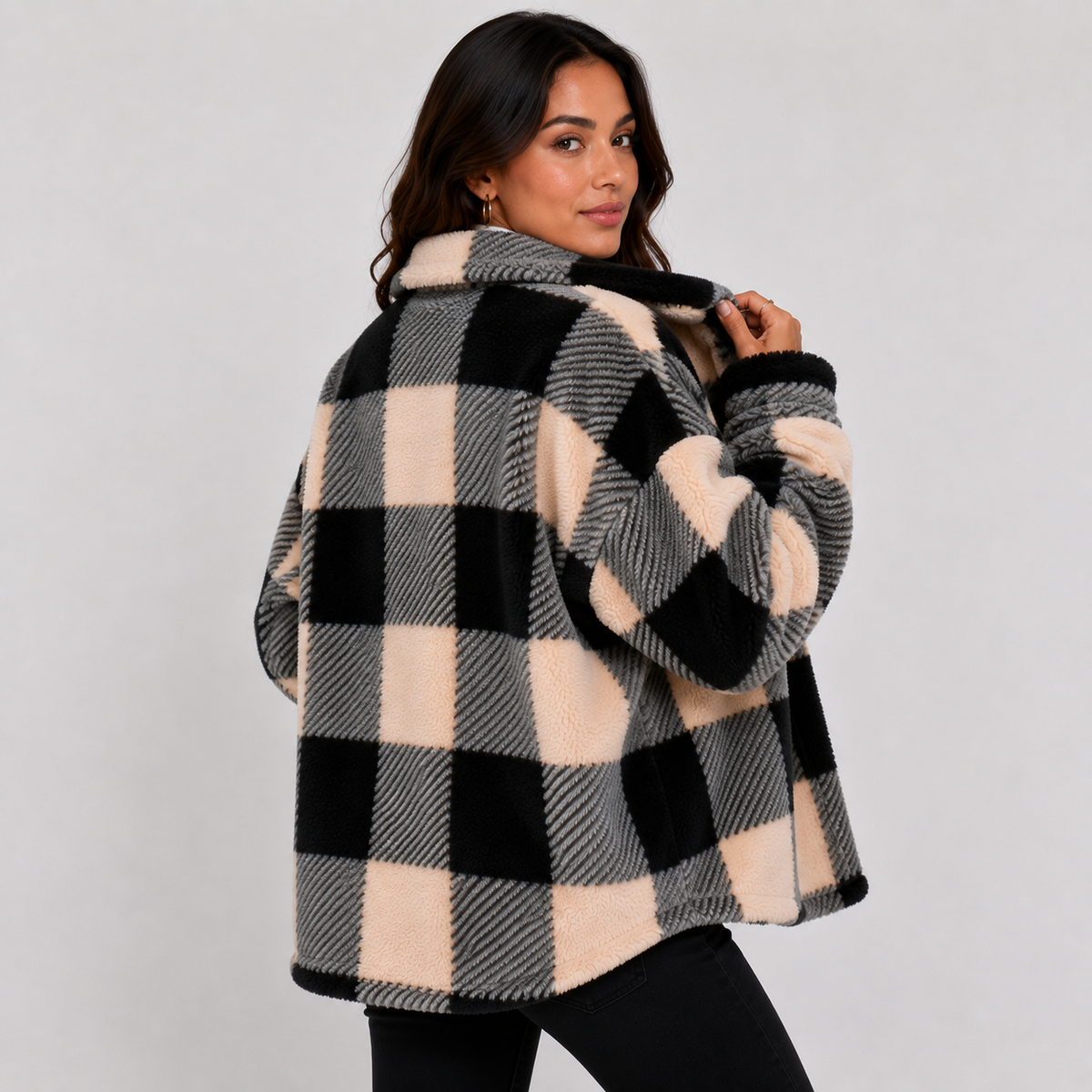 Women's Plaid Plush Jacket, Button Front - Montviro