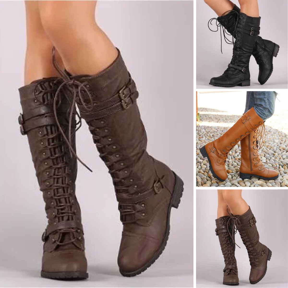 Women's Lace-Up Knee-High Combat Boots with Buckle Straps