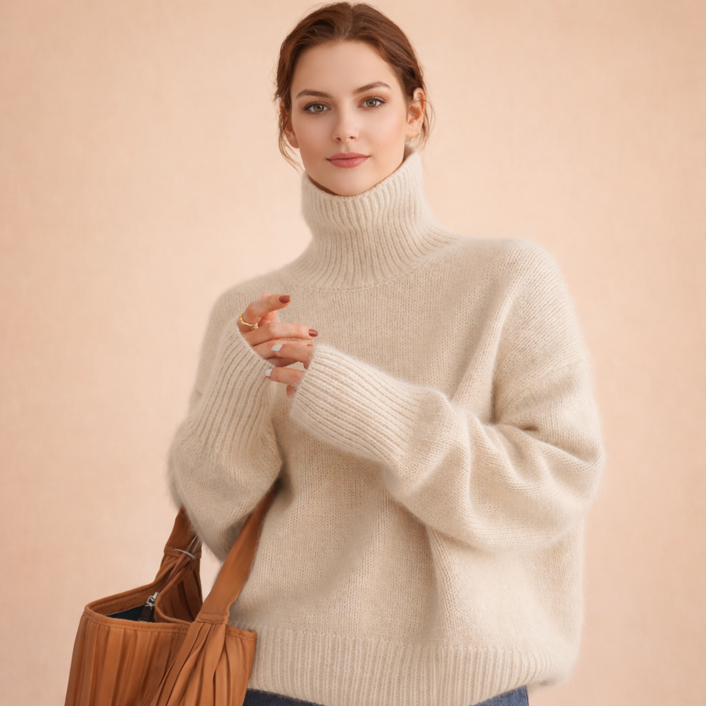 Women's Cashmere Turtleneck Sweater, Lightweight Fine Knit - Celeste